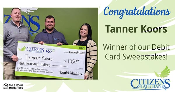 Tanner Koors, Debit Card Sweepstakes Winner